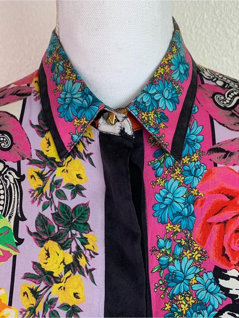 Versace 100% Silk Blouse Shirt Floral Vintage 1990s Baroque Patchwork Button Up - Picture 2 of 12